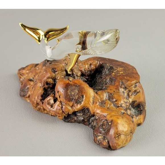 Glass Baron Handcrafted Humpback Whale Wood Mounted Base Gold Trim - Picture 8 of 11